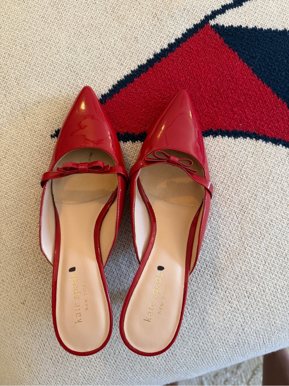 kate spade Red Patent Pointed-Toe Bow Backless Mules